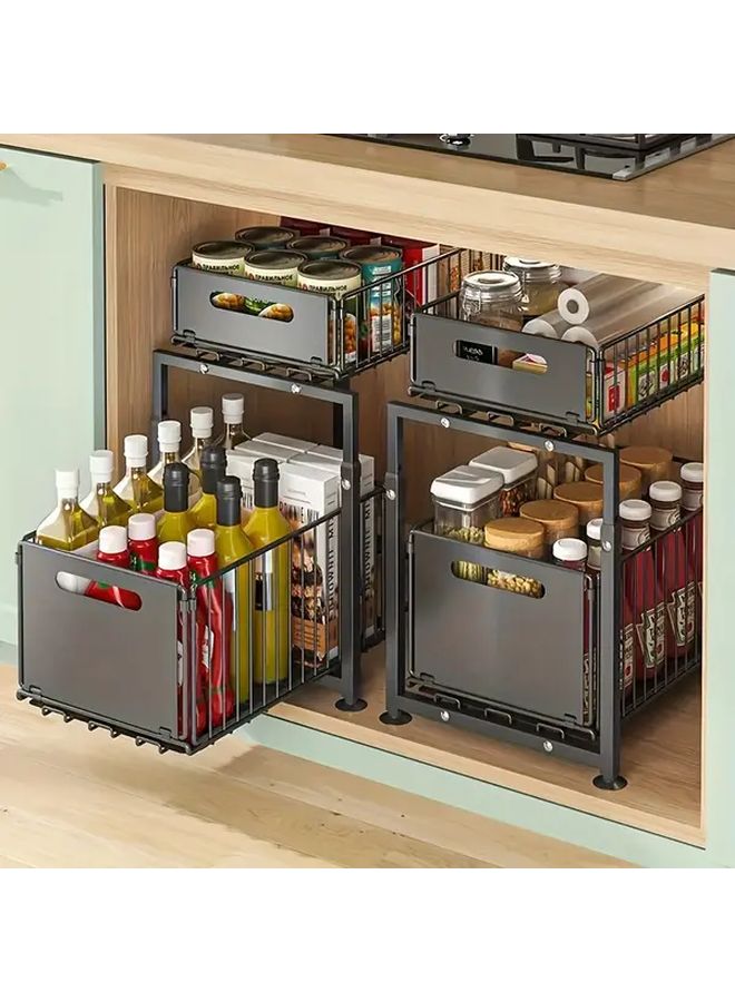 Large Black 2 Tier Kitchen Sink Organizer Adjustable Spice Rack Pull Out Storage Basket - Image 1